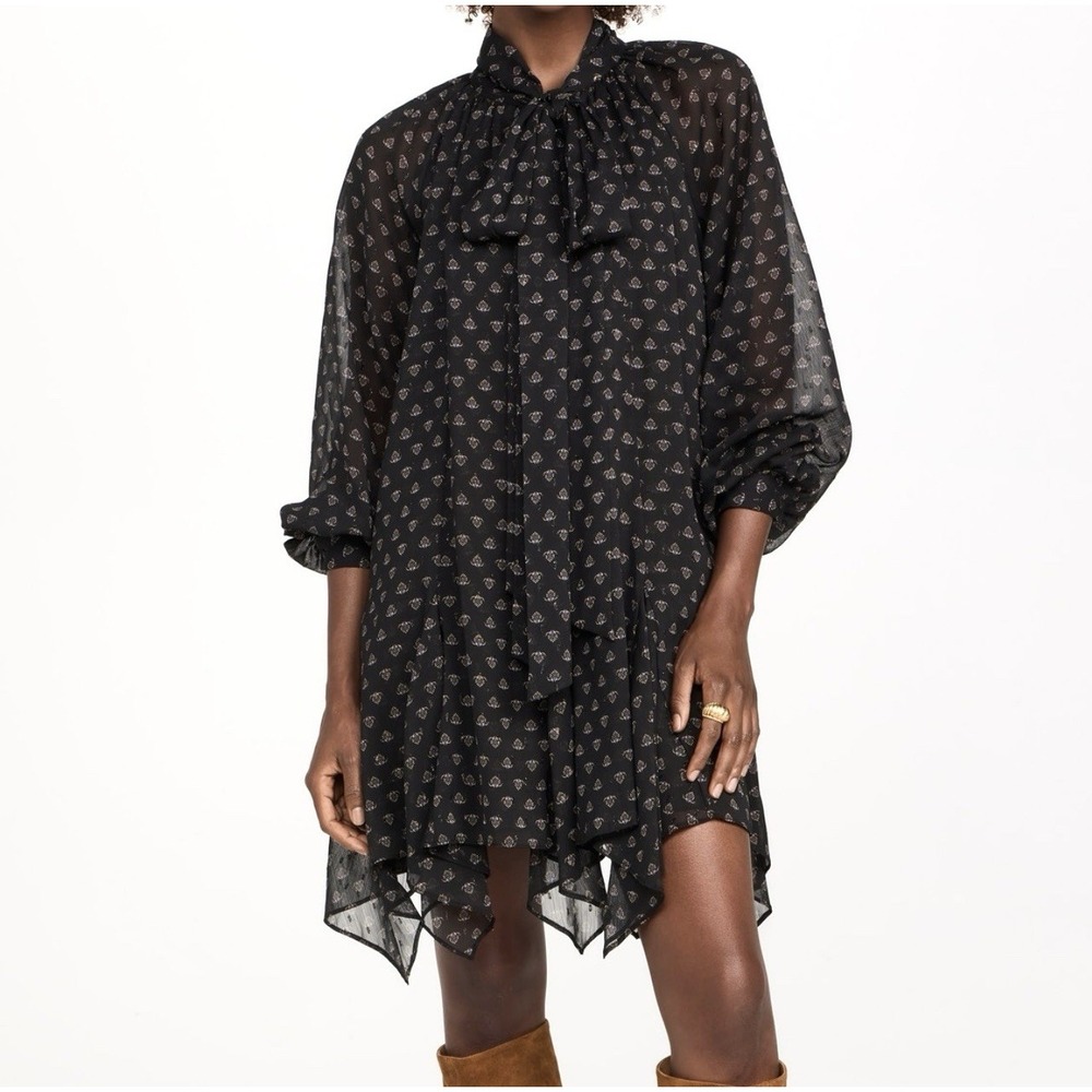 Misa Cindy Loose Mini Dress Crinkle Chiffon Handkerchief Hem Sheer Sleeves Sz XS